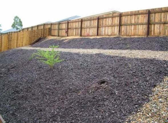 Mulched sloping backyard against a timber fence before retaining wall works